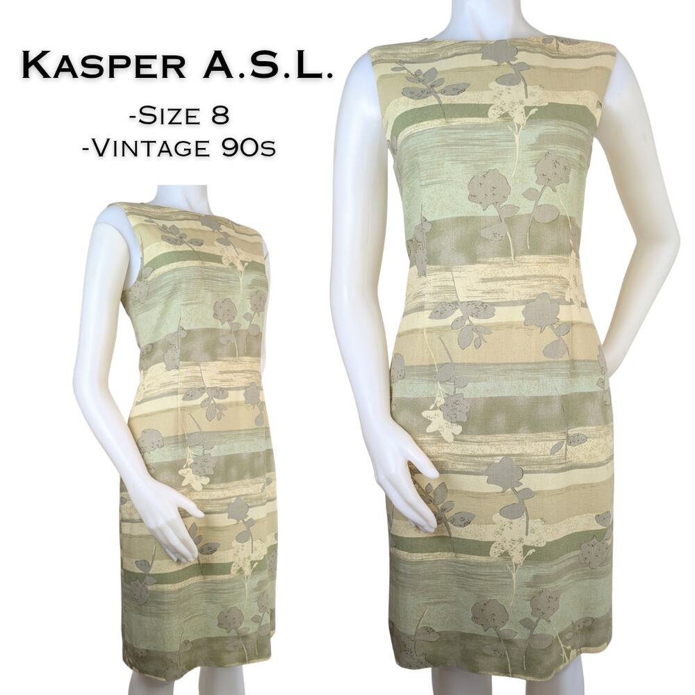 Kasper A.S.L. 90s Sheath Dress 8 Sage Green Tan Floral Linen Blend Sleeveless